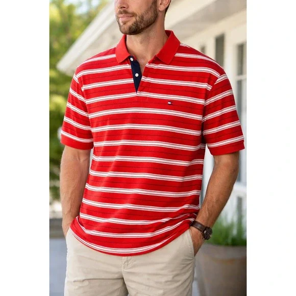 Tommy Hilfiger Mens XXL Red White Striped Short Sleeve Cotton Polo Shirt - Picture 6 of 6